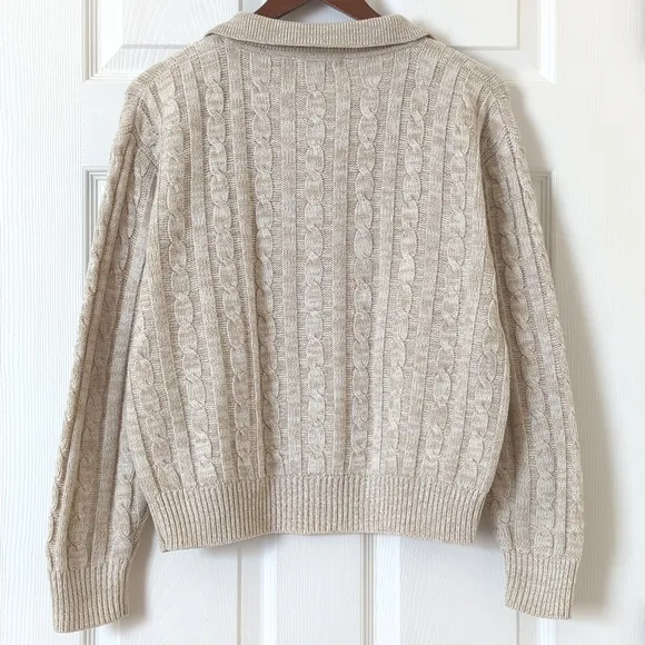 Carriage Court 90's Vintage Preppy Cable Knit Collared Henley Sweater Beige S