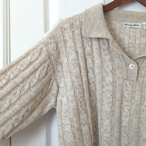 Carriage Court 90's Vintage Preppy Cable Knit Collared Henley Sweater Beige S