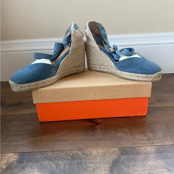 Castaner Blue and Cream Espadrille Wedges