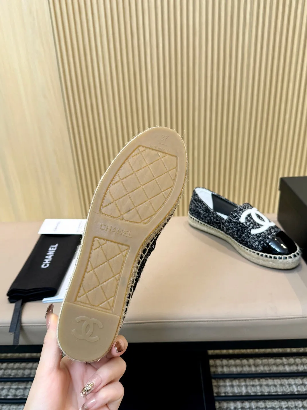 cc espadrilles black white tweed black patent calfskin