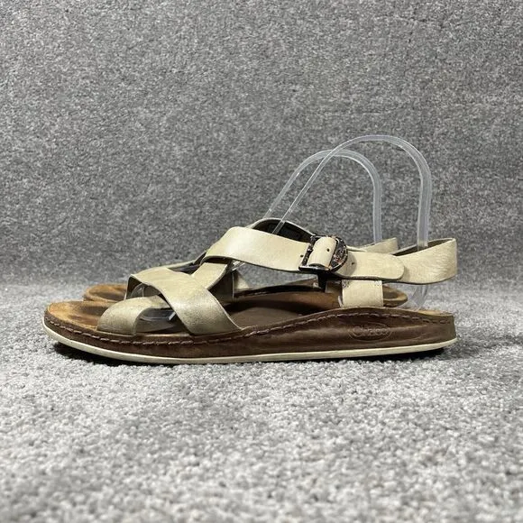 Chaco Womens Wayfarer Sandal Sz 9 Beige Tan Leather Strappy Outdoor Travel Shoe