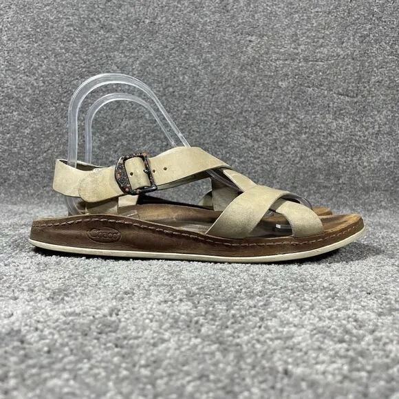 Chaco Womens Wayfarer Sandal Sz 9 Beige Tan Leather Strappy Outdoor Travel Shoe