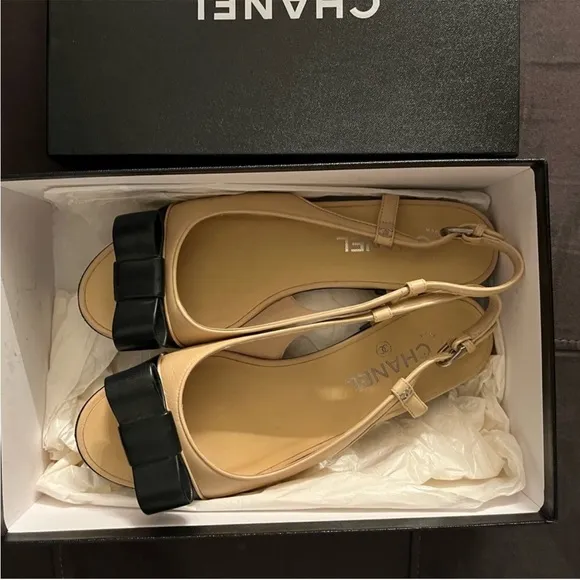Chanel 100% Authwnric peep toe sling back bow flats in original box