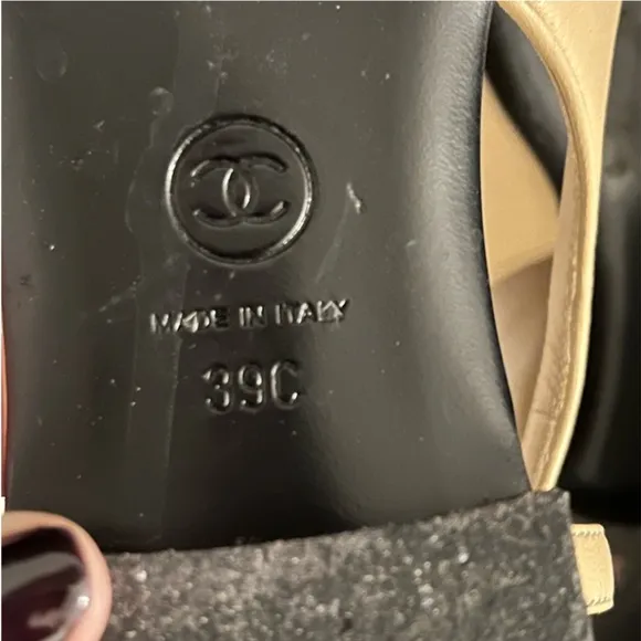 Chanel 100% Authwnric peep toe sling back bow flats in original box