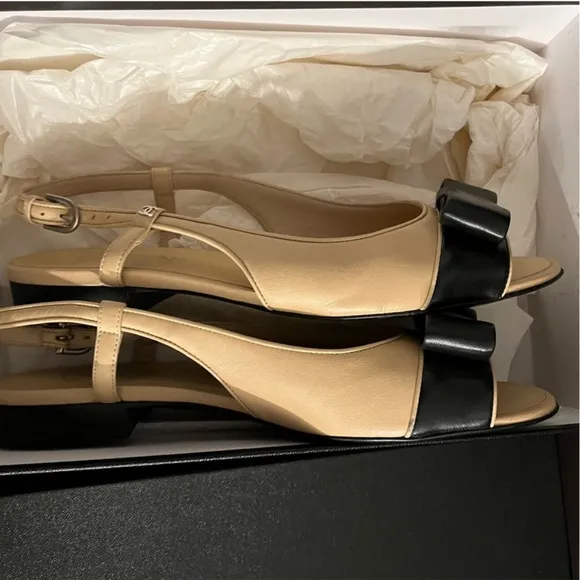Chanel 100% Authwnric peep toe sling back bow flats in original box