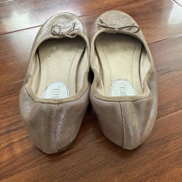 CHANEL CC Classic Bow Cap Pink Gold Glitter Fabric Ballerina Flats 37 Size 6.5