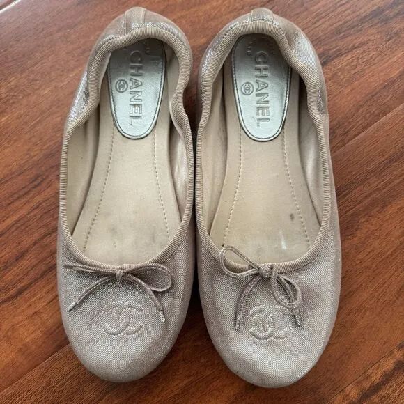 CHANEL CC Classic Bow Cap Pink Gold Glitter Fabric Ballerina Flats 37 Size 6.5