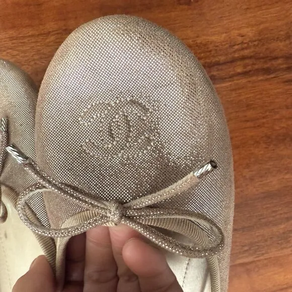 CHANEL CC Classic Bow Cap Pink Gold Glitter Fabric Ballerina Flats 37 Size 6.5