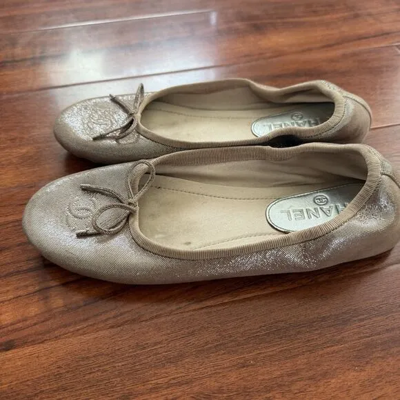 CHANEL CC Classic Bow Cap Pink Gold Glitter Fabric Ballerina Flats 37 Size 6.5