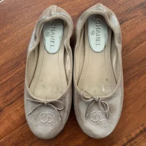 CHANEL CC Classic Bow Cap Pink Gold Glitter Fabric Ballerina Flats 37 Size 6.5