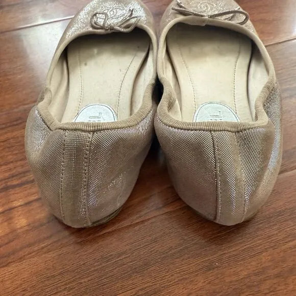 CHANEL CC Classic Bow Cap Pink Gold Glitter Fabric Ballerina Flats 37 Size 6.5