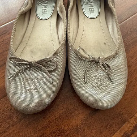 CHANEL CC Classic Bow Cap Pink Gold Glitter Fabric Ballerina Flats 37 Size 6.5