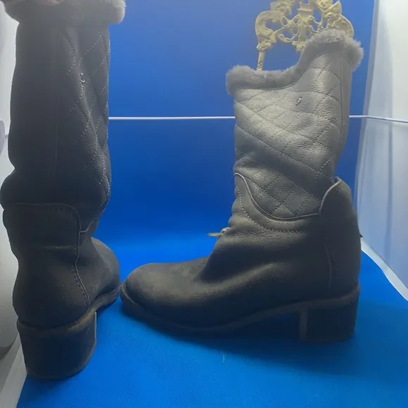 CHANEL Grey with soft furry interior warm boots FLAT 35 rubber rugged heeled