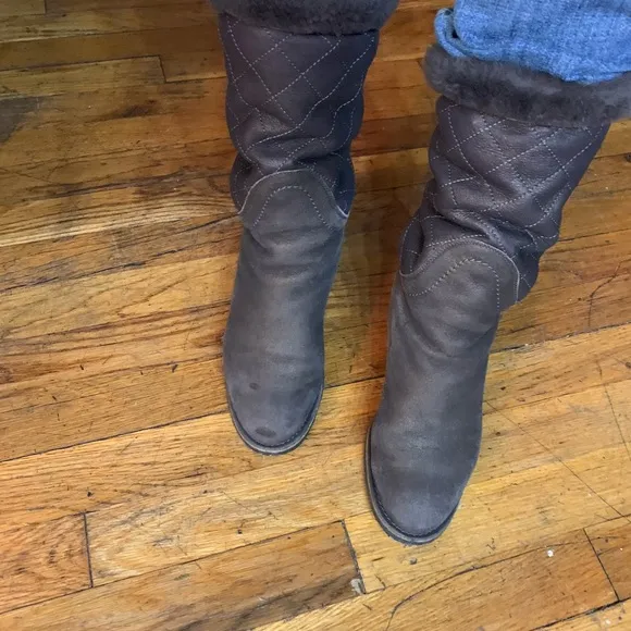 CHANEL Grey with soft furry interior warm boots FLAT 35 rubber rugged heeled