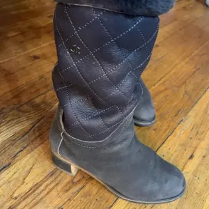 CHANEL Grey with soft furry interior warm boots FLAT 35 rubber rugged heeled
