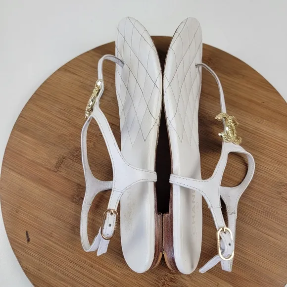 Chanel White Leather Quilted Slingback Flats Sandals Womens Shoe Sz EU 41 US 10