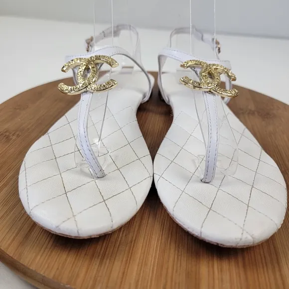 Chanel White Leather Quilted Slingback Flats Sandals Womens Shoe Sz EU 41 US 10