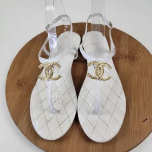 Chanel White Leather Quilted Slingback Flats Sandals Womens Shoe Sz EU 41 US 10