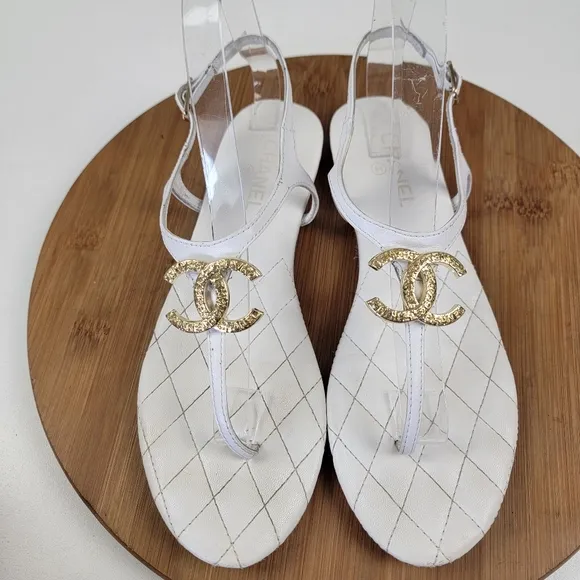 Chanel White Leather Quilted Slingback Flats Sandals Womens Shoe Sz EU 41 US 10