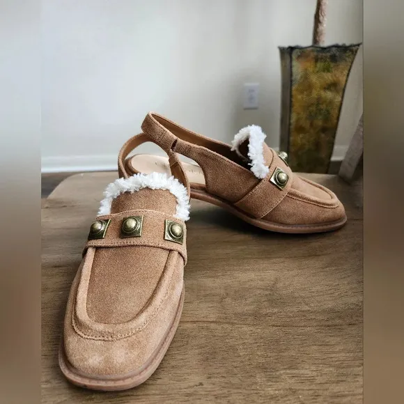 Chelsea &amp; Violet Lundin Suede Slingback Flats Faux Fur 6.5