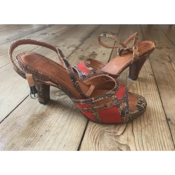 CHIE MIHARA Red &amp; Snake Leather Platform Block Heel Sandals Sz 40 - 9.5