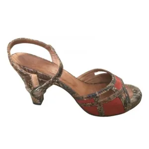 CHIE MIHARA Red &amp; Snake Leather Platform Block Heel Sandals Sz 40 - 9.5
