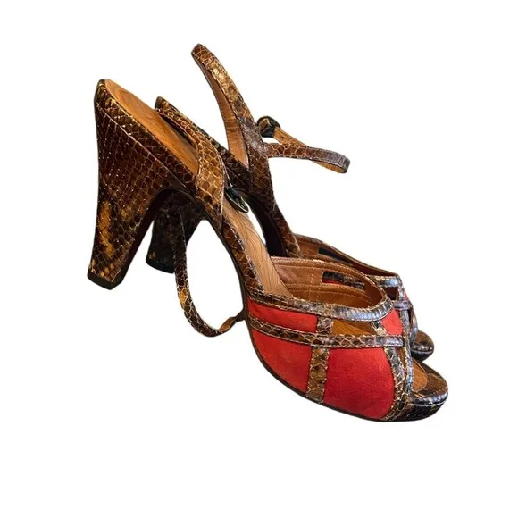 CHIE MIHARA Red &amp; Snake Leather Platform Block Heel Sandals Sz 40 - 9.5