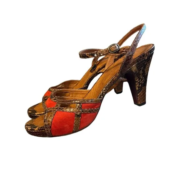 CHIE MIHARA Red &amp; Snake Leather Platform Block Heel Sandals Sz 40 - 9.5