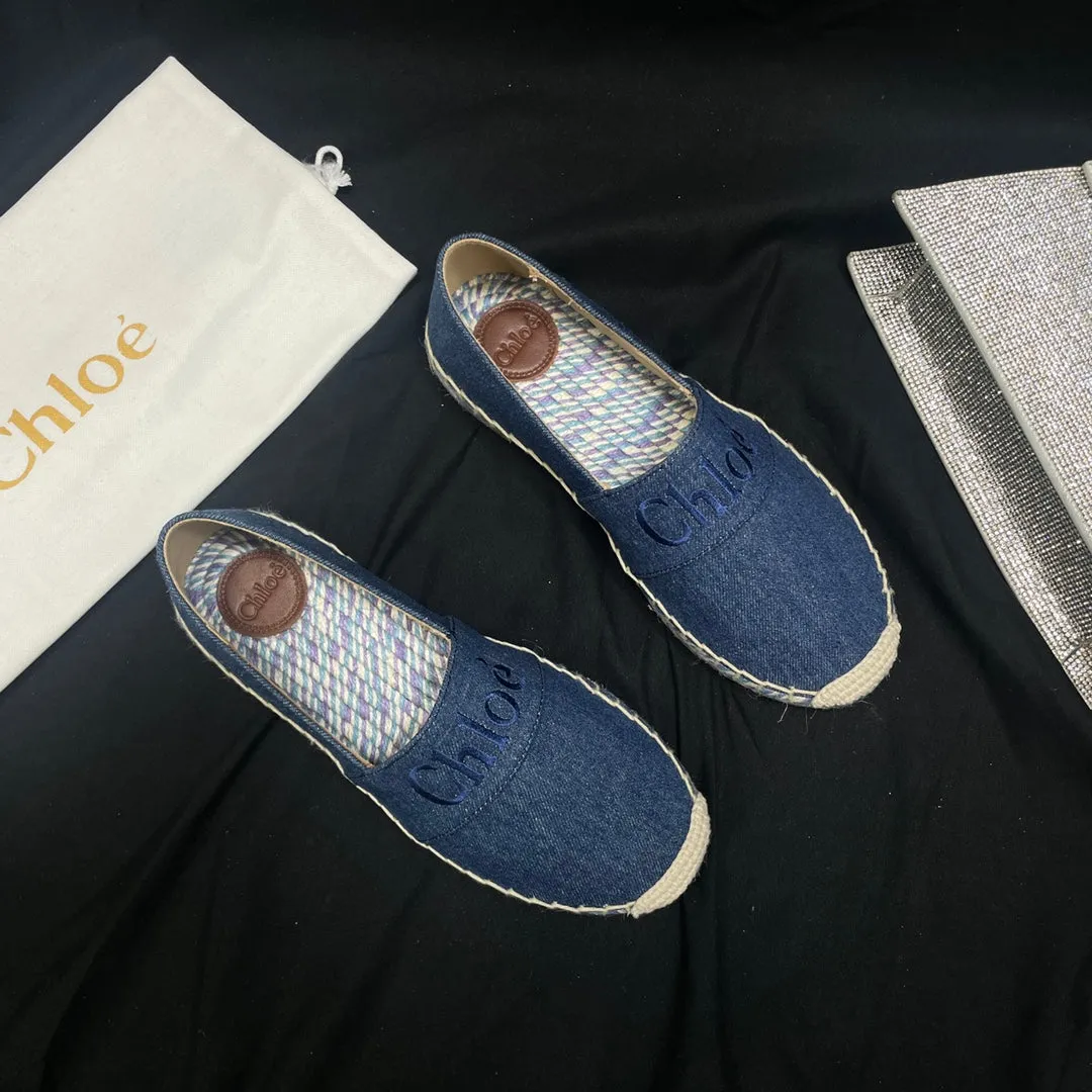 CHLOÉ WOVEN LOAFER IN NAVY BLUE DENIM AND COLORFUL RAFFIA