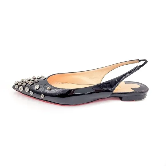 Christian Louboutin Black Slingback Studded Spike Pointed Toe Flats EU 36.5