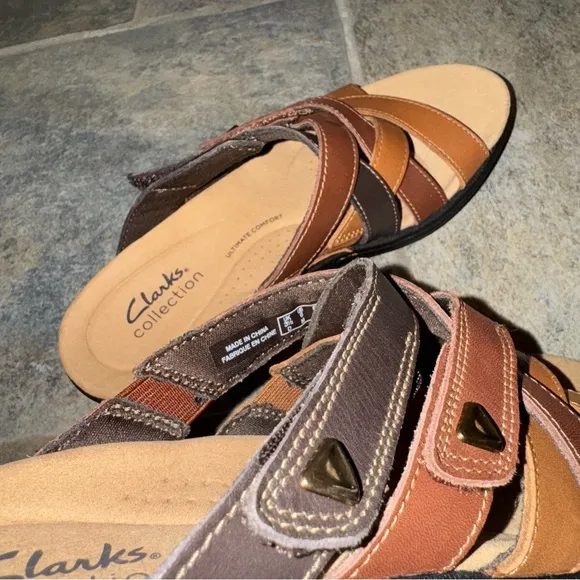 Clarks Collection Laurieann Bali Adjustable Leather Sandals Brown Combi 6M