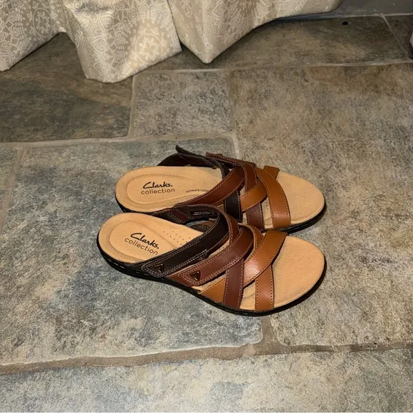 Clarks Collection Laurieann Bali Adjustable Leather Sandals Brown Combi 6M