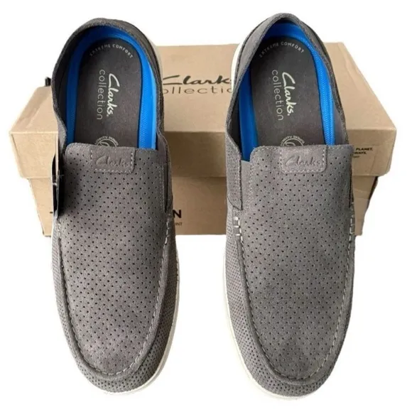 Clark’s Flexway Easy Dark Grey Suede Mens Slip On Shoes Size 10.5.