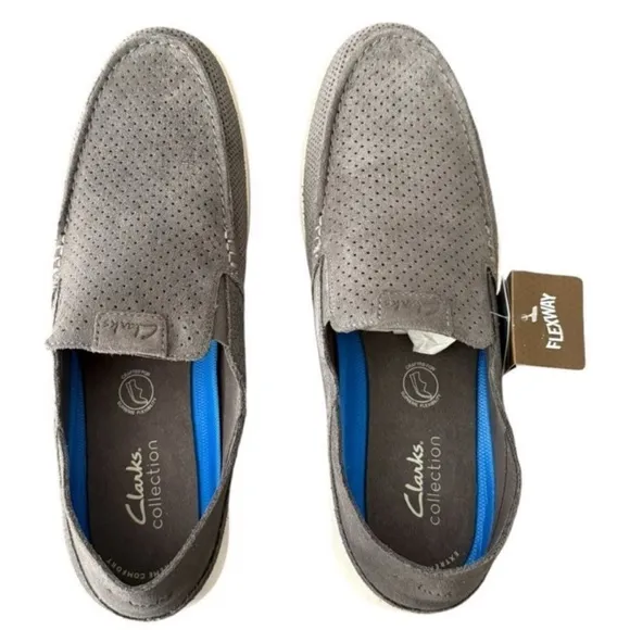 Clark’s Flexway Easy Dark Grey Suede Mens Slip On Shoes Size 10.5.