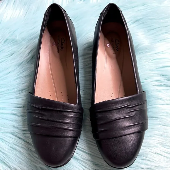 CLARKS SOFT LEATHER Black Unstructured Cushion Sole Loafers Womens 6.5
