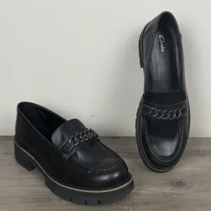 Clarks Womens Orianna Edge Black Leather Shoes Chunky Loafers Y2K Comfort 9.5 M
