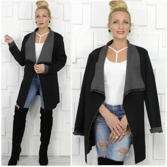 Classic Open Front Jacket Blazer Black/Gray