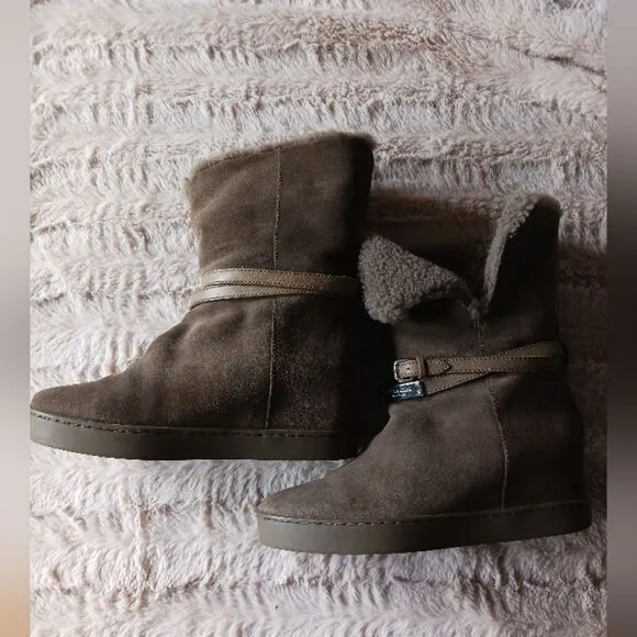 Coach Dark Brown Suede Shearling-Lined Ankle Booties - Size 8