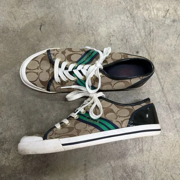 Coach Folly Low Top Khaki/Brown Logo Casual Sneakers Size 6.5