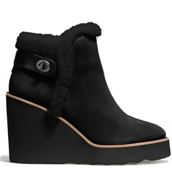 Coach Kingston Black Suede Shearling Wedge Booties Boots Womens 7.5