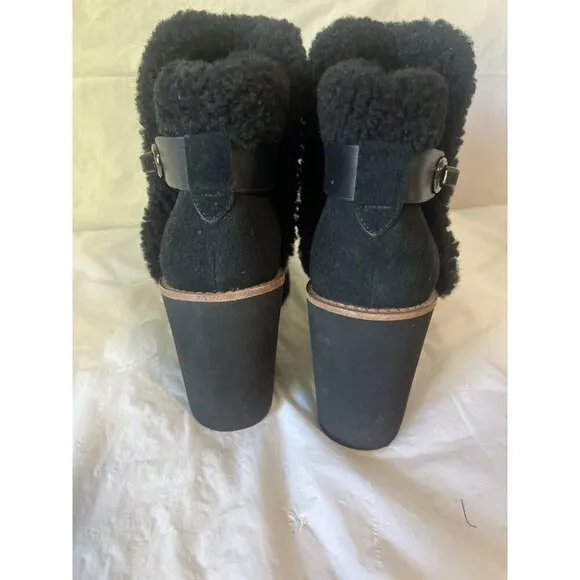 Coach Kingston Black Suede Shearling Wedge Booties Boots Womens 7.5