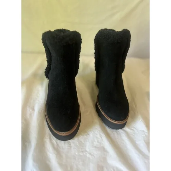 Coach Kingston Black Suede Shearling Wedge Booties Boots Womens 7.5