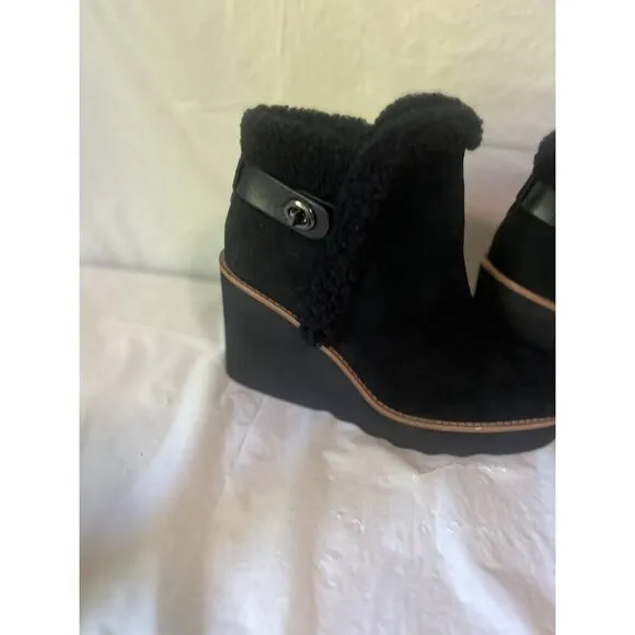 Coach Kingston Black Suede Shearling Wedge Booties Boots Womens 7.5