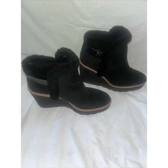 Coach Kingston Black Suede Shearling Wedge Booties Boots Womens 7.5