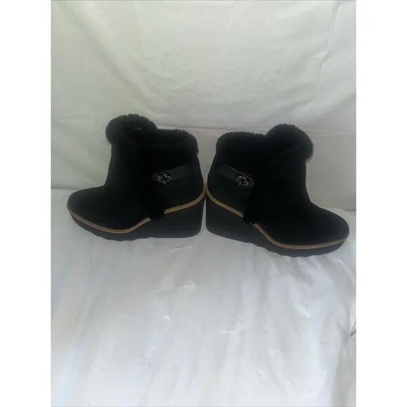 Coach Kingston Black Suede Shearling Wedge Booties Boots Womens 7.5