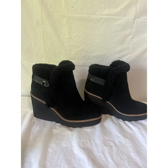 Coach Kingston Black Suede Shearling Wedge Booties Boots Womens 7.5