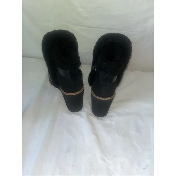 Coach Kingston Black Suede Shearling Wedge Booties Boots Womens 7.5