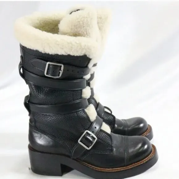 COACH Moto Shearling Pebbled Leather Buckle Boots NEW Sz 5 US Wmn Shipped in Box