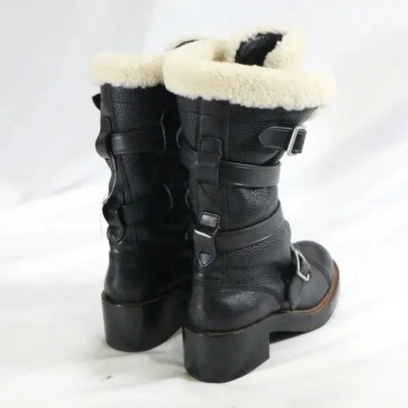 COACH Moto Shearling Pebbled Leather Buckle Boots NEW Sz 5 US Wmn Shipped in Box