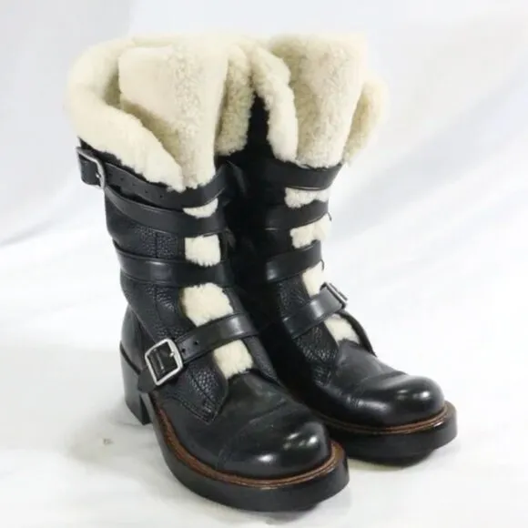 COACH Moto Shearling Pebbled Leather Buckle Boots NEW Sz 5 US Wmn Shipped in Box